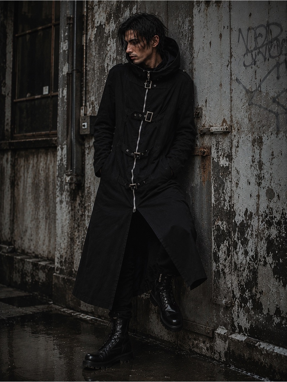 Necessary Evil Long Black Hooded Gothic Trenche Coat | Industrial Emopunk Cyber
